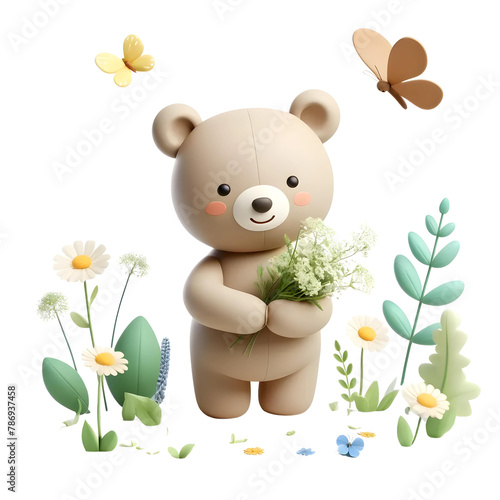 3d teddy bear with bouquet of flower 