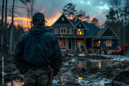 An image of a vampire set designer at dusk, overseeing the construction of an eerily realistic haunt