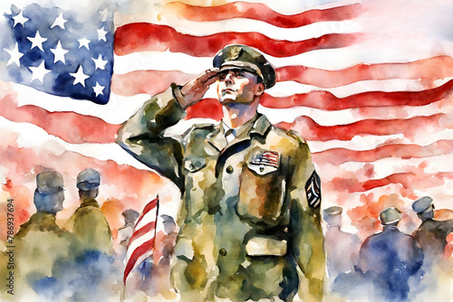 Abstract colorful art watercolor painting depicts Memorial Day, 27 May, USA army soldier saluting, American Flag Celebrations, Veterans Day, Memorial Day, Independence Day, America celebration