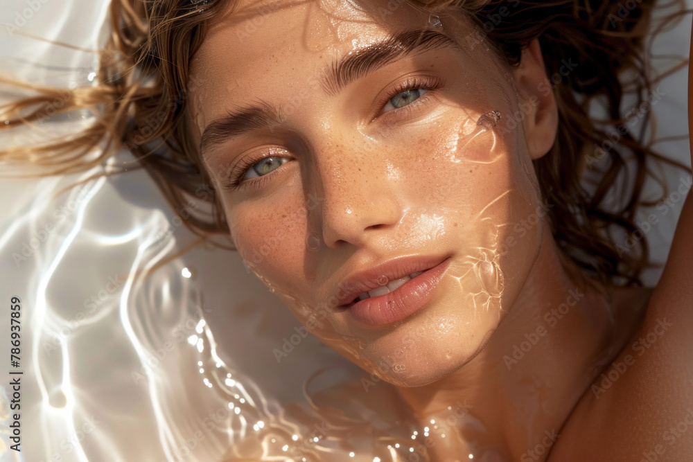 An image of Aphrodite, the goddess of beauty, as the face of a luxury skincare line, her divine comp
