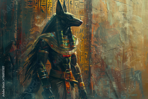 A depiction of Anubis, the Egyptian god of the afterlife, endorsing a cutting-edge security system, photo