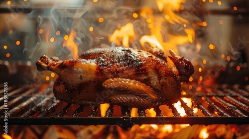 Cooking an entire tasty duck on a rotisserie machine up close. photo