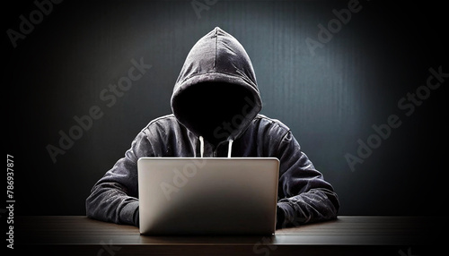 Portrait and front view of an anonymous computer hacker wearing a dark hoodie, stealing data from a laptop computer. Concept for network security, identity theft and computer crime. Generative Ai.