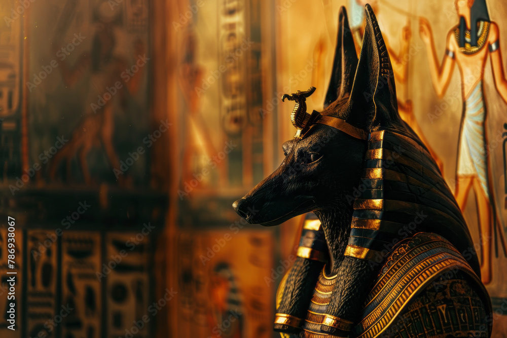 A depiction of Anubis, the Egyptian god of the afterlife, endorsing a cutting-edge security system, A depiction of Anubis, the Egyptian god of the afterlife, endorsing a cutting-edge security system,