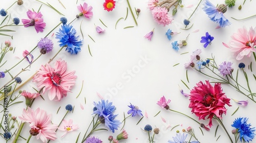 cornflower, field scabious, wild carthusian pink, malva, pink bellflowers on a white background with space for text. Top view, flat lay photo