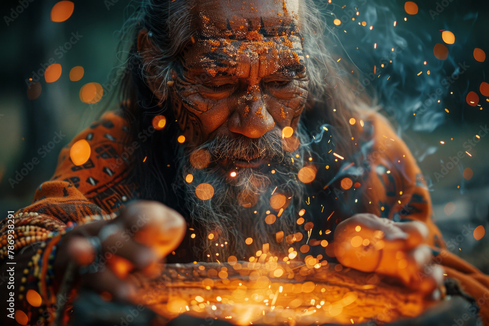 Obraz premium An image showing a shaman beside a bonfire, throwing fragrant herbs into the flames, each spark risi