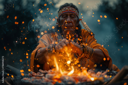 An image showing a shaman beside a bonfire, throwing fragrant herbs into the flames, each spark risi photo