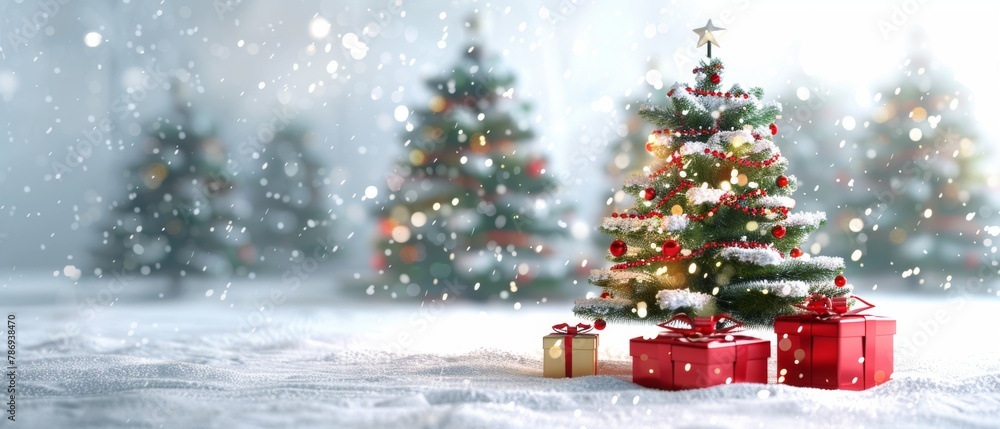 An animated 3D rendering of a Christmas tree and gift box with falling snow on a white background.