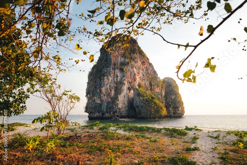 Railay Beach with rocky mountains in the evening
