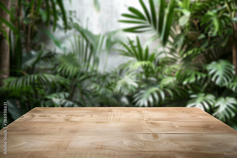 light wood3n table top with tropical background light wood3n table top with tropical background