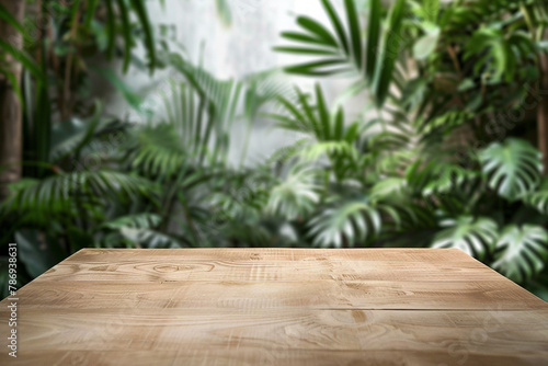 light wood3n table top with tropical background