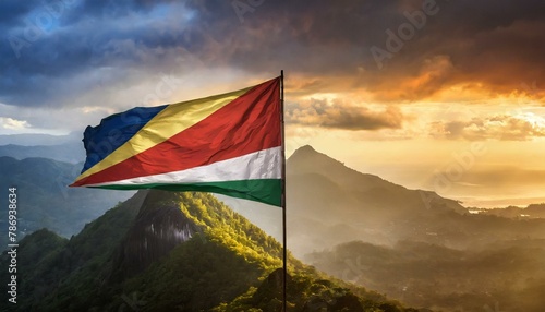 The Flag of Seychelles On The Mountain. photo