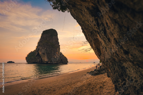 Sunset view of the sea and rocky mountains at Railay Beach,Travel summer