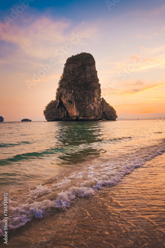 Sunset view of the sea and rocky mountains at Railay Beach Travel summer
