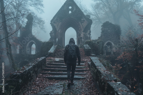 A photograph capturing a vampire producer scouting remote and sinister locations that add authentic