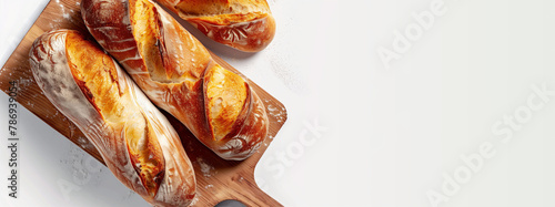 Three loaves of bread on a wooden cutting board. The bread is toasted and has a sprinkle on top. beautiful bread, transparent background on white limbo background. advertising photography