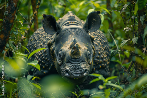 A photograph of a Javan rhinoceros, one of the rarest rhinos in the world, browsing quietly in the d photo