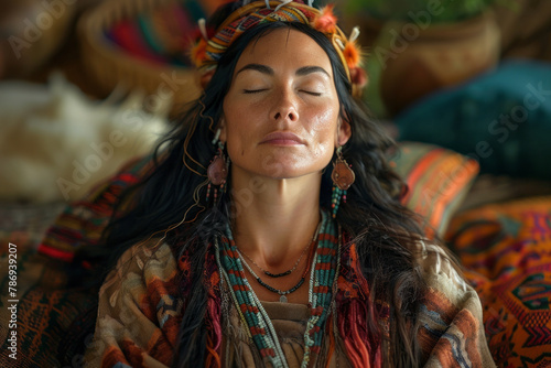A photograph of a shaman using reiki and other energy work practices on a client in a peaceful, ambi