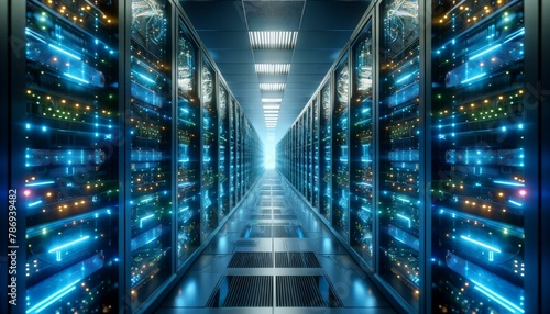 Abstract background of a data center showcasing a hardware server room with necessary equipment.