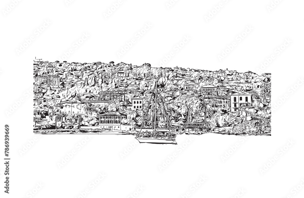 Print Building view with landmark of Ligûria is a region in Italy. Hand drawn sketch illustration in vector.