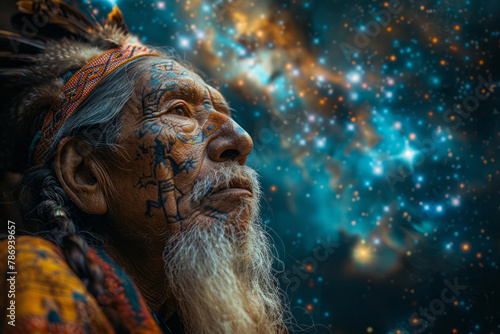 A depiction of a shaman under a celestial canopy, with constellations forming the spirits he communi