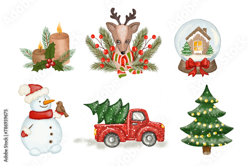 Collection Christmas art design, snowman, red truck with christmas tree, snow glode with house and candles