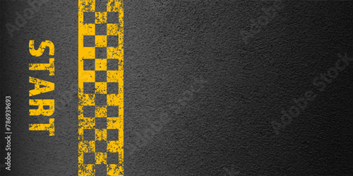 Asphalt road with yellow start line marking, concrete highway surface, texture. Street traffic lane, road dividing strip. Pattern with grainy structure, grunge stone background. Vector illustration