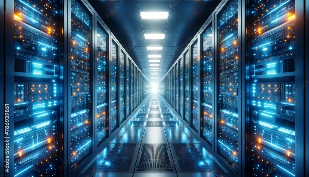 Obraz premium Hardware server room with rows of racks and equipment. Abstract background representing a data center.