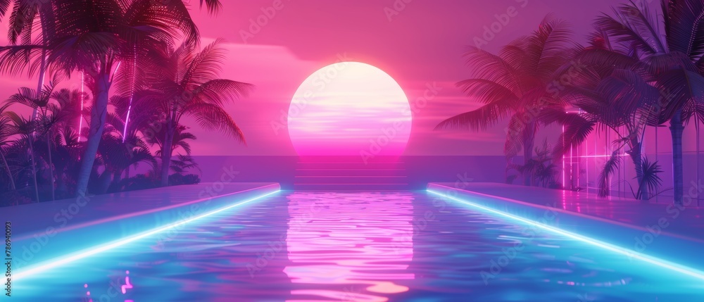 Naklejka premium Neon light background in summer. Three dimensional rendering