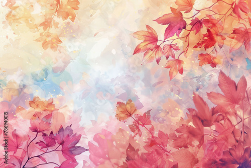 Colorful fall leaves background. Watercolor illustration. AI generative © tiena