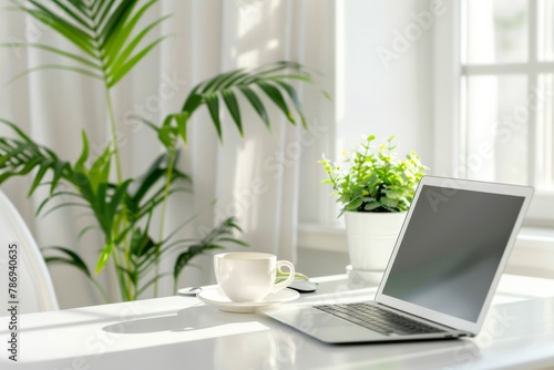 Wallpaper Mural White workplace with opened laptop, cup, empty chair and houseplant. AI generative Torontodigital.ca