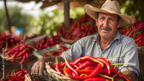 A man wearing a straw hat is smiling while holding a basket of red chilli peppers. the man is proud of his harvest. Concept of warmth and happiness. man in European chilli farm