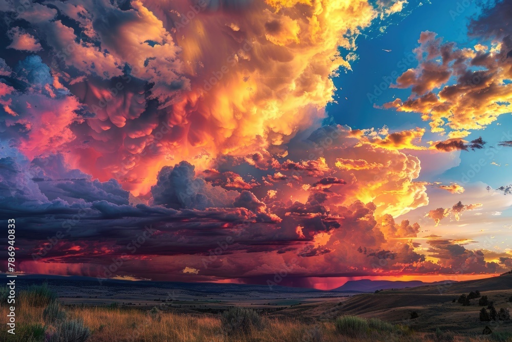 Fototapeta premium Vibrant sky with clouds over a scenic field, perfect for nature themes