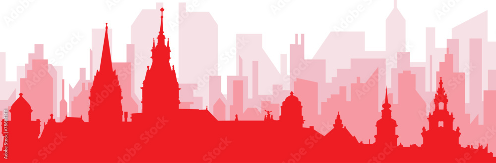 Red panoramic city skyline poster with reddish misty transparent background buildings of HAMBURG, GERMANY Red panoramic city skyline poster with reddish misty transparent background buildings of HAMBURG, GERMANY