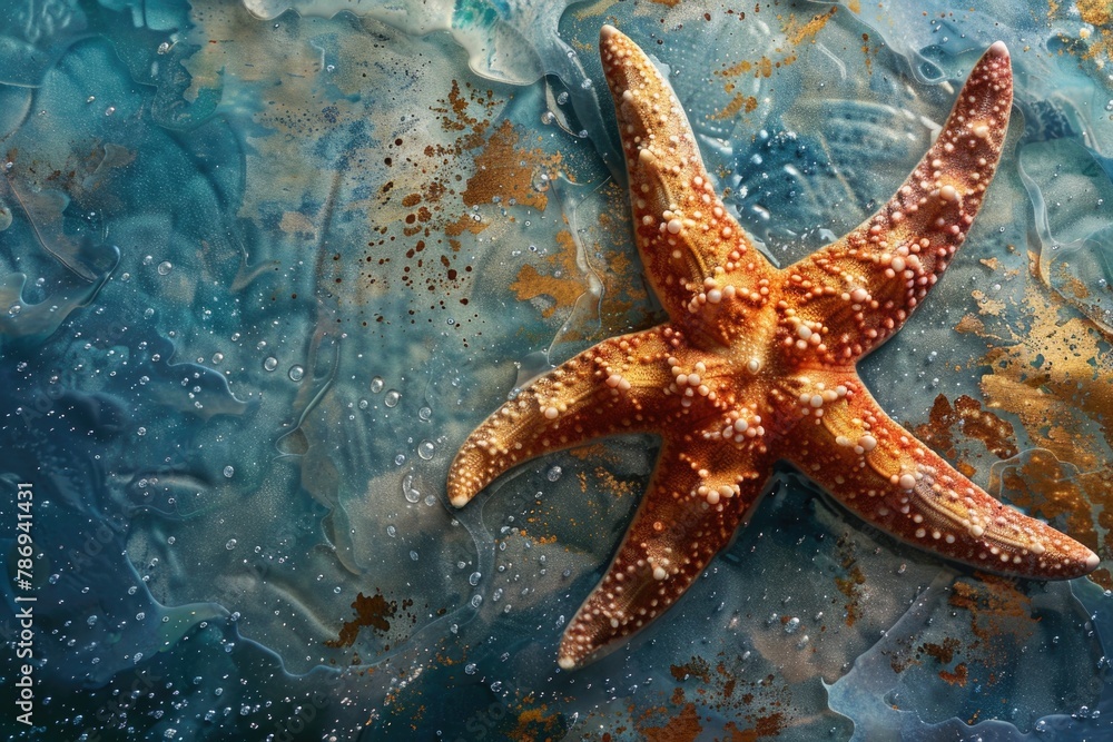 A starfish resting on a vibrant blue background. Ideal for marine-themed designs A starfish resting on a vibrant blue background. Ideal for marine-themed designs