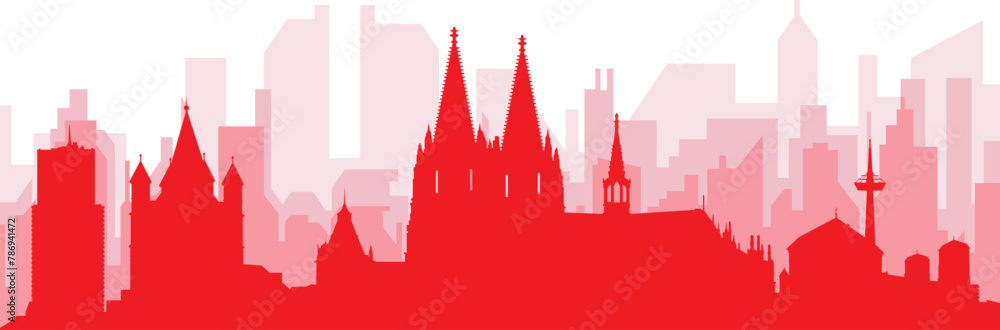 Red panoramic city skyline poster with reddish misty transparent background buildings of COLOGNE, GERMANY