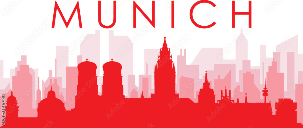 Red panoramic city skyline poster with reddish misty transparent background buildings of MUNICH, GERMANY