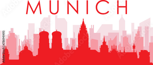 Red panoramic city skyline poster with reddish misty transparent background buildings of MUNICH  GERMANY