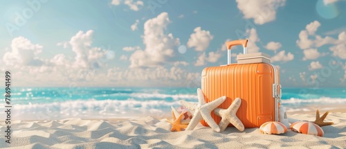 Summer travel concept. Orange suitcase with beach accessories on sand, sea, and sky background. 3D rendering. photo