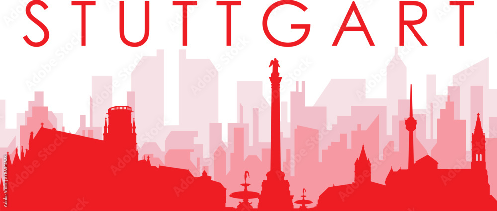 Red panoramic city skyline poster with reddish misty transparent background buildings of STUTTGART, GERMANY Red panoramic city skyline poster with reddish misty transparent background buildings of STUTTGART, GERMANY