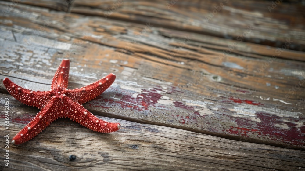 A vibrant red starfish sitting on a wooden table. Perfect for marine life themes or beach decor A vibrant red starfish sitting on a wooden table. Perfect for marine life themes or beach decor