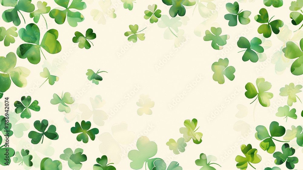 Assorted green clover leaves scattered around the edges to form a natural frame on a white background, symbolizing good luck and the celebration of St. Patrick's Day. Assorted green clover leaves scattered around the edges to form a natural frame on a white background, symbolizing good luck and the celebration of St. Patrick's Day.