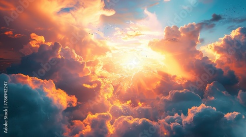 Bright sun rays breaking through fluffy clouds. Perfect for weather or nature concepts