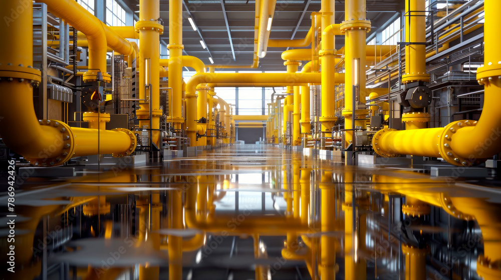 Yellow pipes and machinery in industrial factory with reflections on the wet concrete floor.