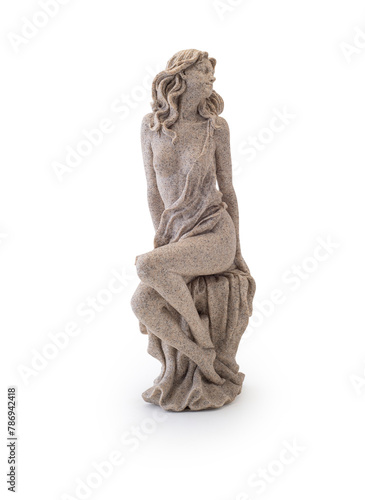 Graceful Sandstone Sculpture of a Seated Woman - Isolated on White Background, Clipping Path Included