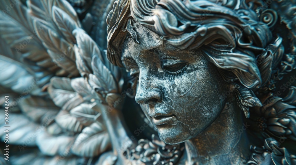 Detailed close-up of an angel statue. Suitable for religious or spiritual concepts
