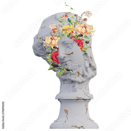 Mourning Penelope statues 3d render, collage with flower petals compositions for your work