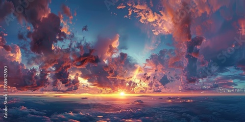 A beautiful sunset scene with sun setting over the clouds. Suitable for various projects