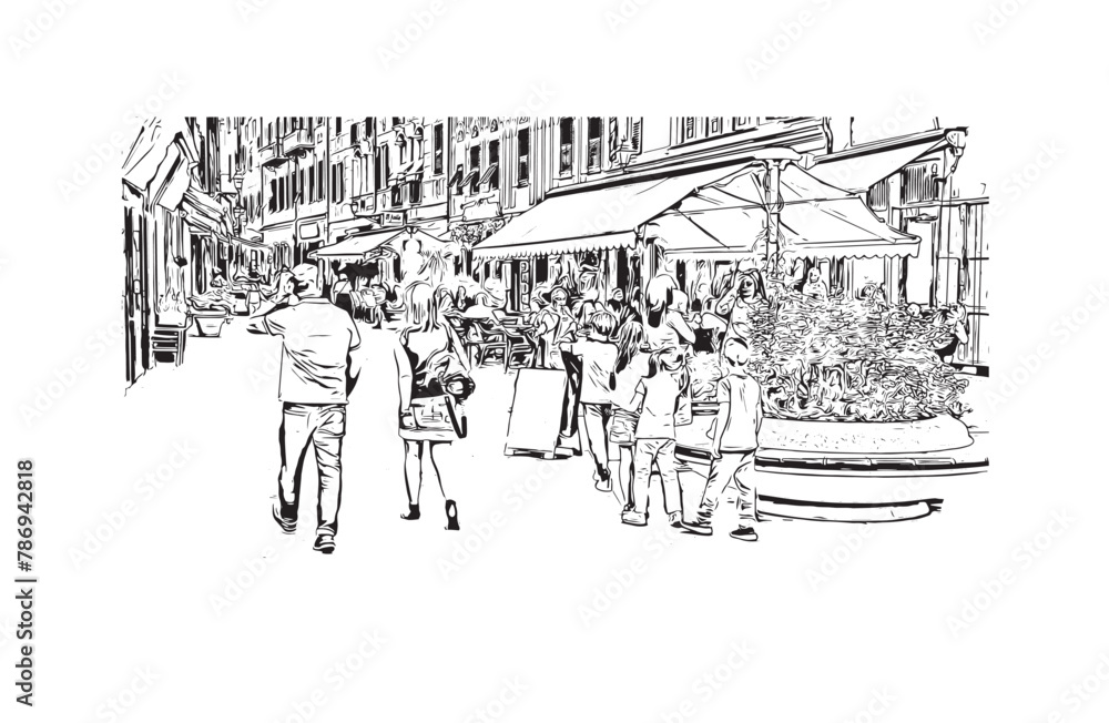 Obraz premium Print Building view with landmark of Ligûria is a region in Italy. Hand drawn sketch illustration in vector.