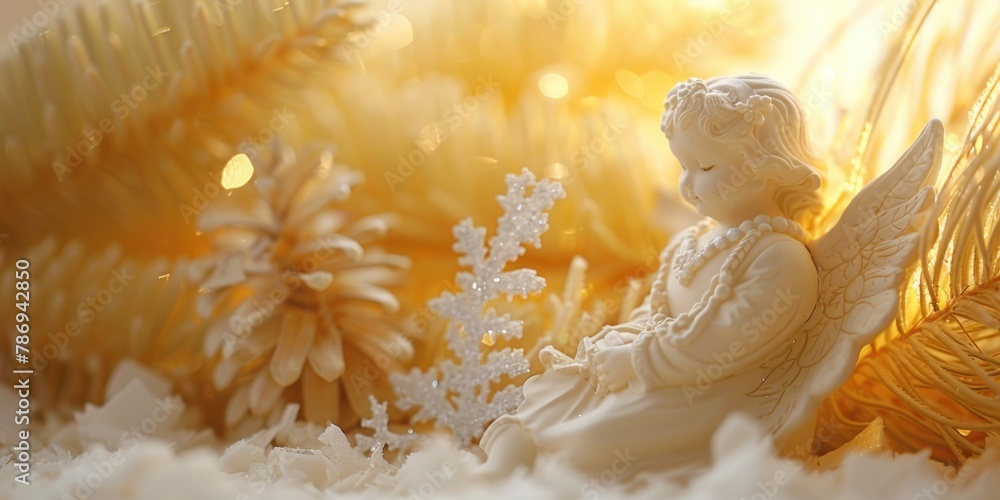 Fototapeta premium A serene angel statue sitting on snow, suitable for winter themes